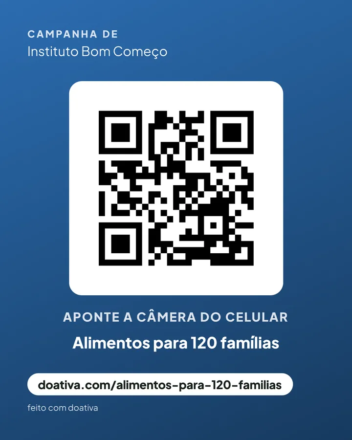 Arte "QR Code": um QR Code grande no centro, a frase "Aponte a câmera do celular" e o nome da campanha.